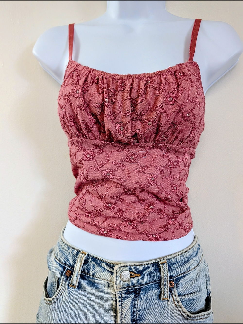 Women's Y2K Lace-Overlay Spaghetti Strap Tank Top - Dusty Rose